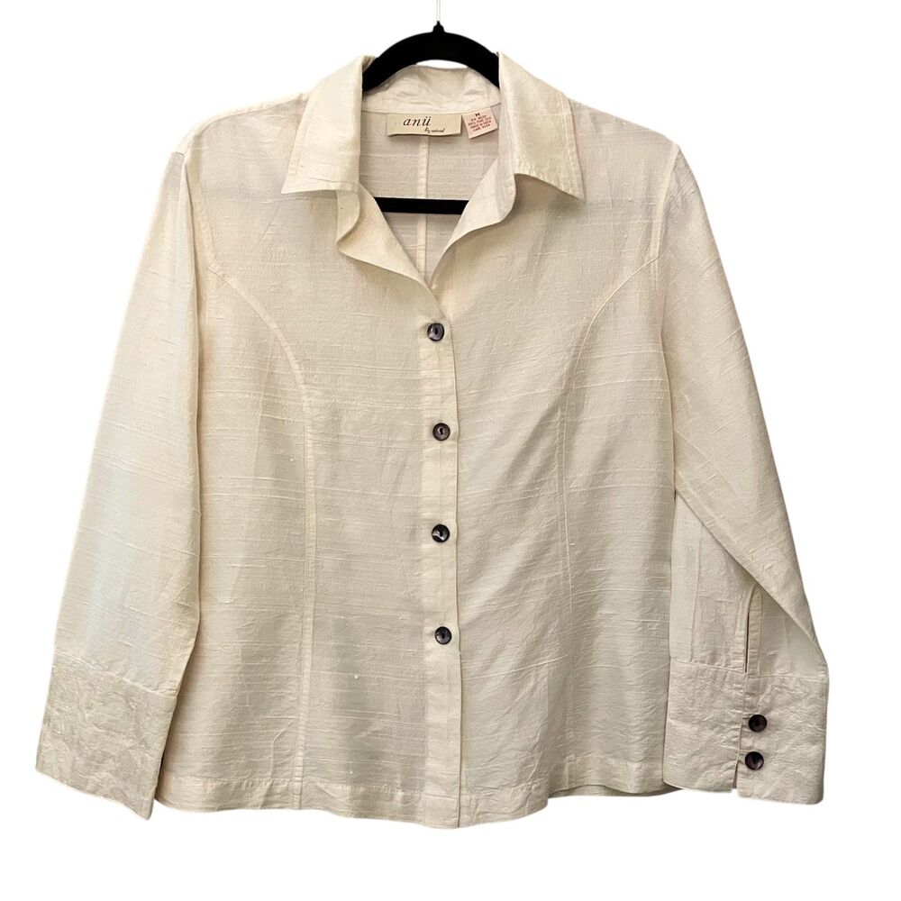 Vintage Anu By Natural 100% pure silk woven button front 3/4 sleeve blouse